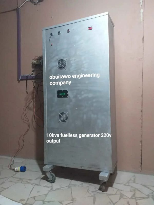 Introducing the 10KVA Fuelless Generator, a revolutionary innovation by Obairawo Engineering Company Limited that redefines the way we think about power generation. Designed to meet the needs of both residential and commercial users, this cutting-edge generator provides reliable electricity without the need for traditional fuel sources. At the heart of this groundbreaking product is its innovative fuelless technology, which eliminates the need for diesel, gasoline, or any other conventional fuel. Instead, the 10KVA Fuelless Generator harnesses the power of renewable energy sources, making it environmentally friendly and cost-effective. Say goodbye to expensive fuel bills and harmful emissions – with this generator, you can enjoy clean, sustainable power without compromising on performance. With a robust 10KVA capacity and a 220V output, this generator delivers ample power to meet the demands of your home or business. Whether you’re powering essential appliances during a blackout or running sensitive equipment in a commercial setting, you can rely on the 10KVA Fuelless Generator to keep your operations running smoothly.